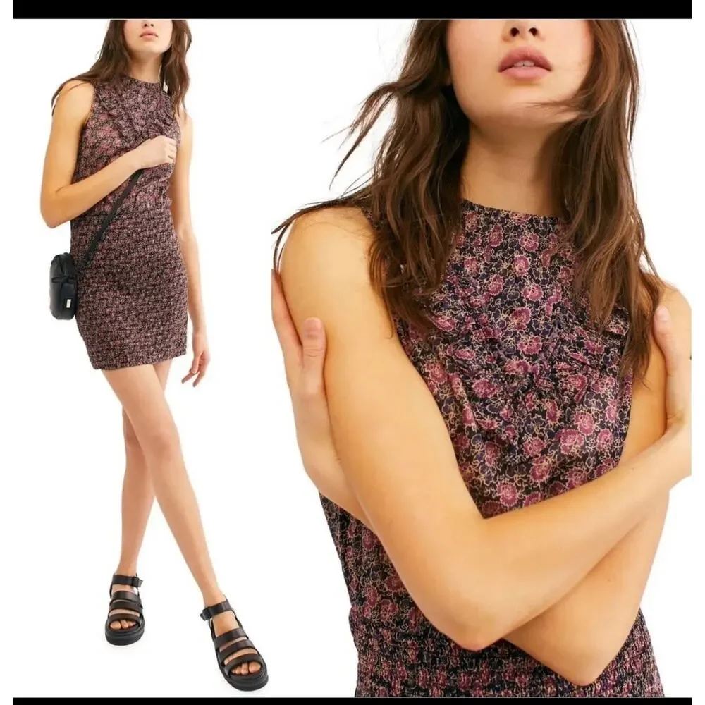 Free People Smocked Floral Mini Dress Large Ruffle Boho Summer Chic Vacation